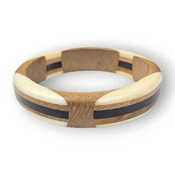 VINTAGE Mod Bangle Bracelet Colorblock Bovine Bone Horn Wood Geometric ~8.25" - Picture 1 of 10